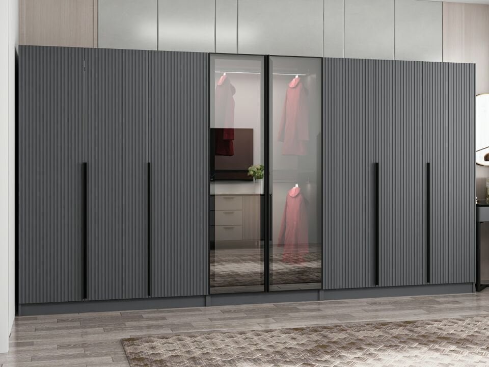 Nisa Plus 8 Kapaklı 4 Çekmece Dolap Antrasit Mebran Reflekte Cam