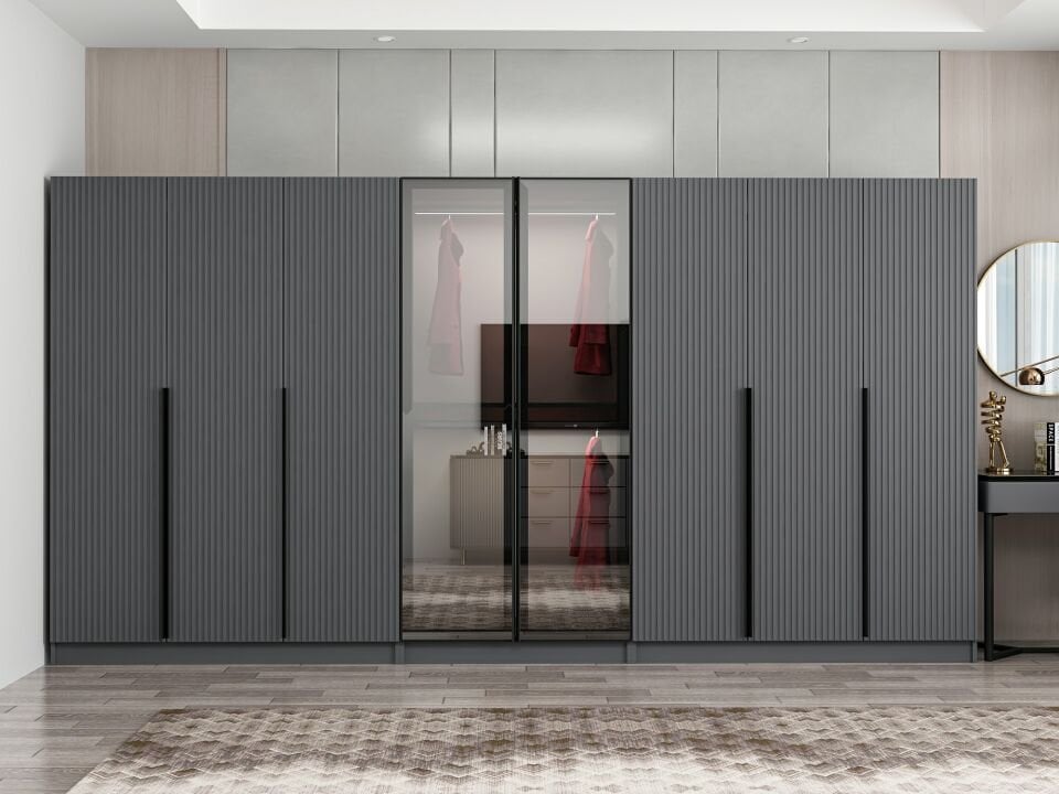 Nisa Plus 8 Kapaklı 4 Çekmece Dolap Antrasit Mebran Reflekte Cam