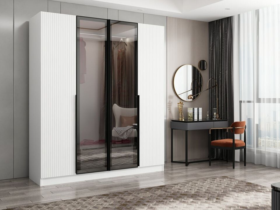 Nisa Plus 4 Kapaklı 2 Çekmece Dolap Beyaz Mebran Reflekte Cam