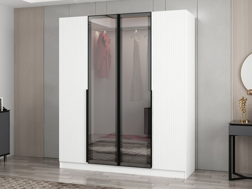 Nisa Plus 4 Kapaklı 2 Çekmece Dolap Beyaz Mebran Reflekte Cam