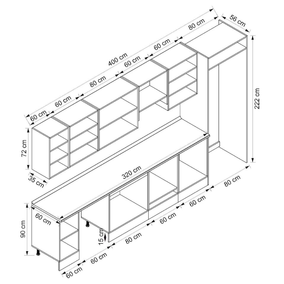 Alvinka 400X222 Cm Klasik Mebran Mutfak Dolabı Beyaz Beyaz Mb-E80S60S60-1