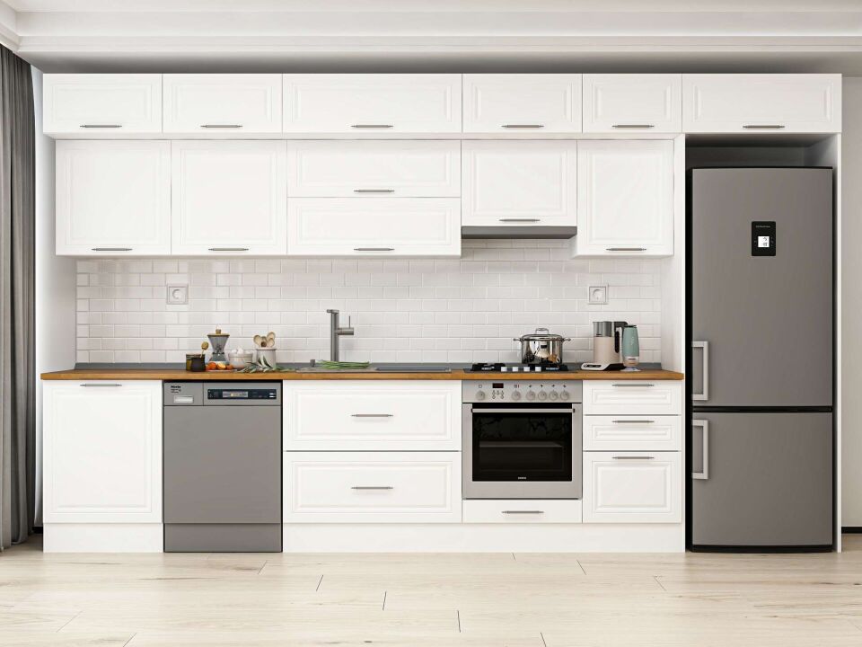 Alvinka 400X240 Cm Klasik Mebran Mutfak Dolabı Mb-E90S60S50-1 Mebran | Beyaz - Mdf
