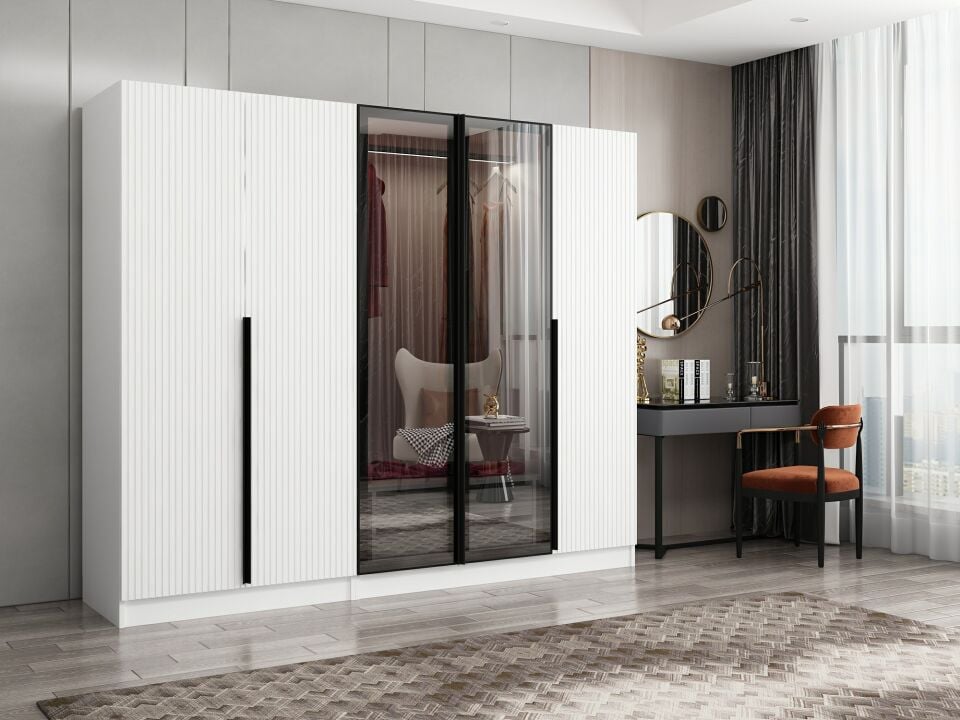 Nisa Plus 5 Kapaklı 2 Çekmece Dolap Beyaz Mebran Reflekte Cam