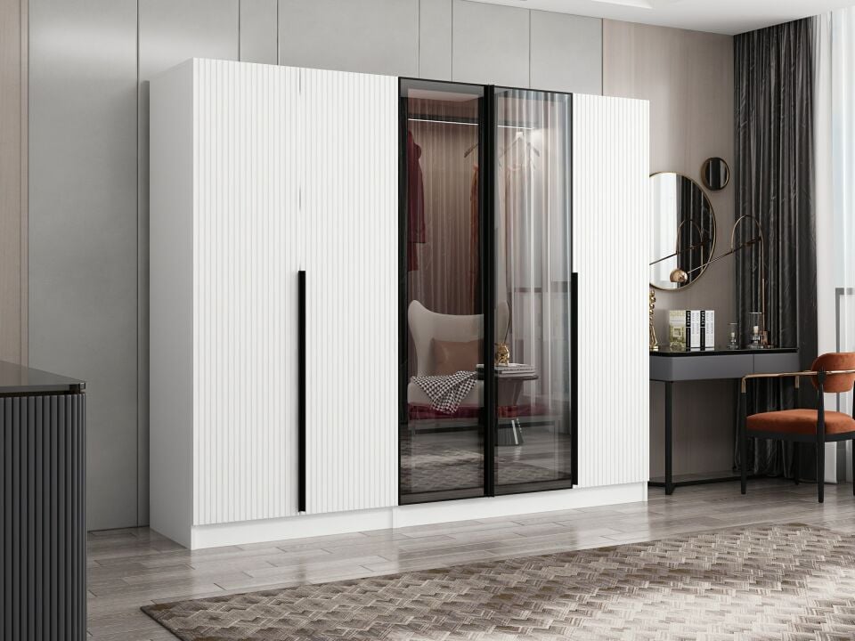 Nisa Plus 5 Kapaklı 2 Çekmece Dolap Beyaz Mebran Reflekte Cam