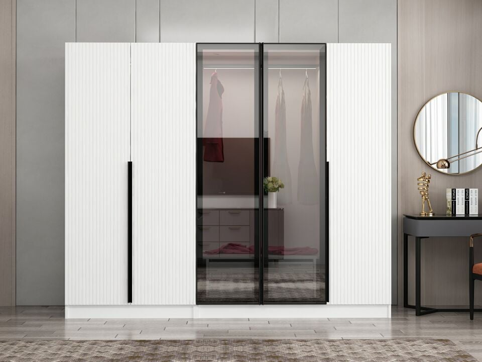 Nisa Plus 5 Kapaklı 2 Çekmece Dolap Beyaz Mebran Reflekte Cam