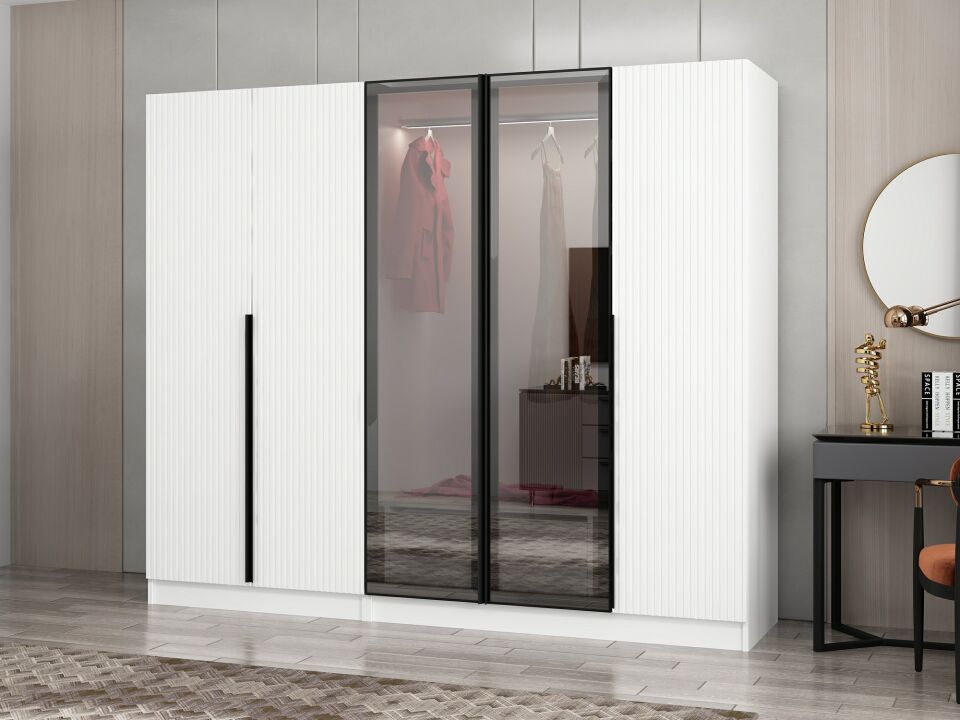 Nisa Plus 5 Kapaklı 2 Çekmece Dolap Beyaz Mebran Reflekte Cam