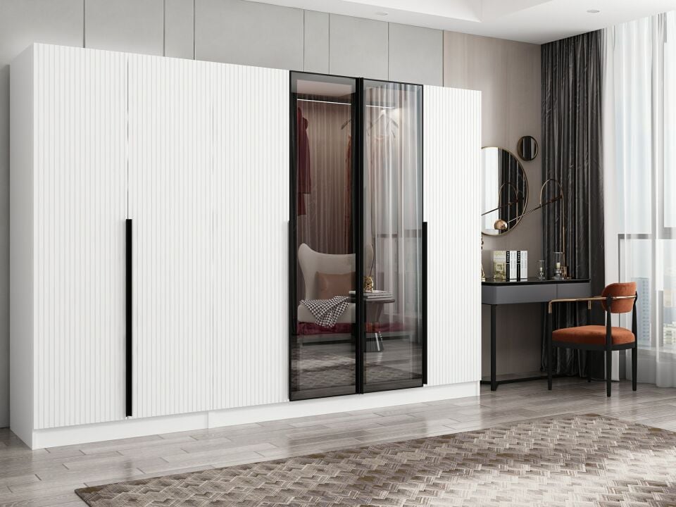 Nisa Plus 6 Kapaklı 2 Çekmece Dolap Beyaz Mebran Reflekte Cam