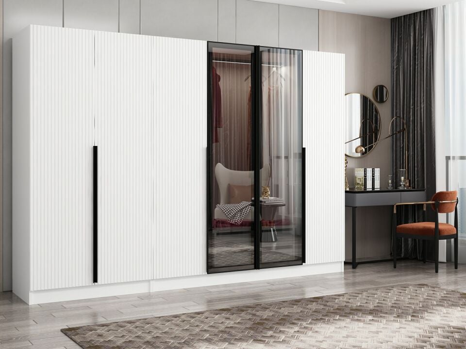 Nisa Plus 6 Kapaklı 2 Çekmece Dolap Beyaz Mebran Reflekte Cam