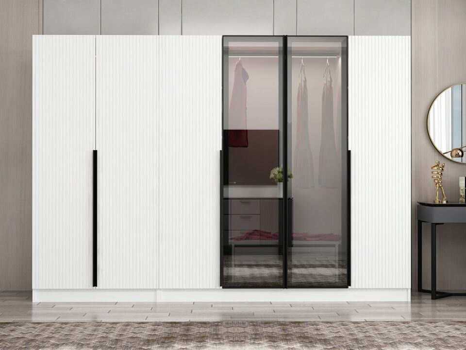 Nisa Plus 6 Kapaklı 2 Çekmece Dolap Beyaz Mebran Reflekte Cam