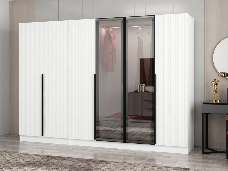 Nisa Plus 6 Kapaklı 2 Çekmece Dolap Beyaz Mebran Reflekte Cam