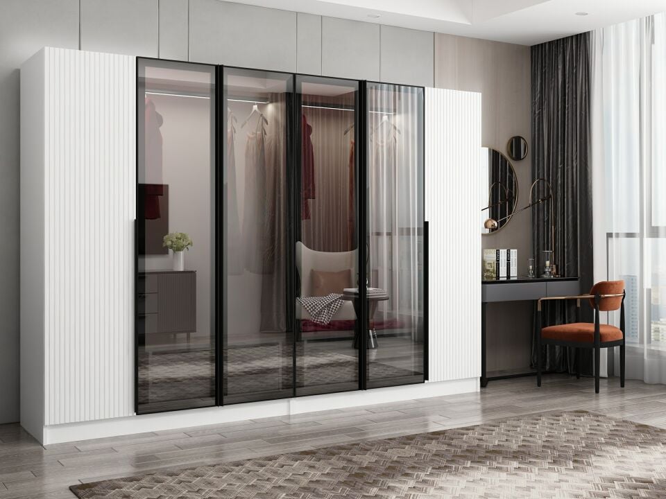 Nisa Plus 6 Kapaklı 4 Çekmece Dolap Beyaz Mebran Reflekte Cam