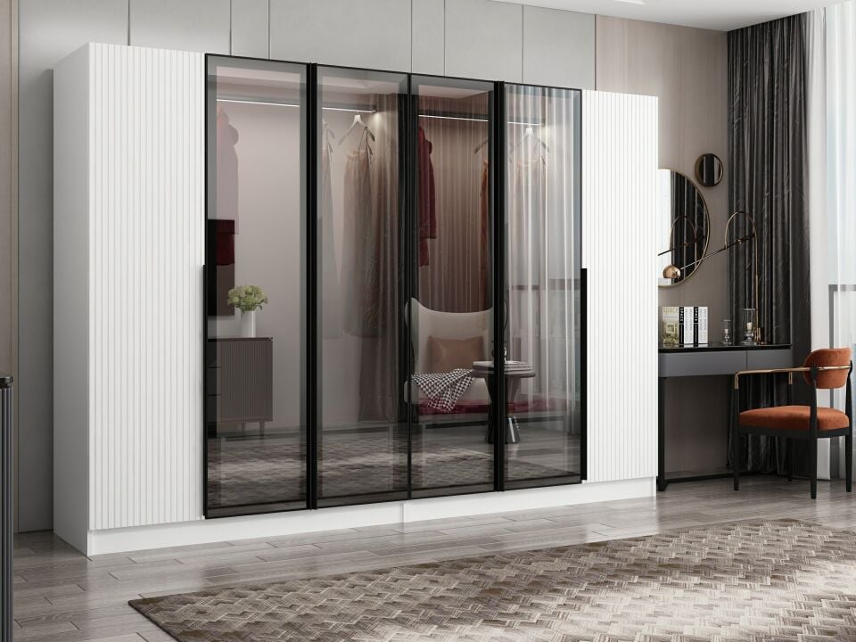 Nisa Plus 6 Kapaklı 4 Çekmece Dolap Beyaz Mebran Reflekte Cam