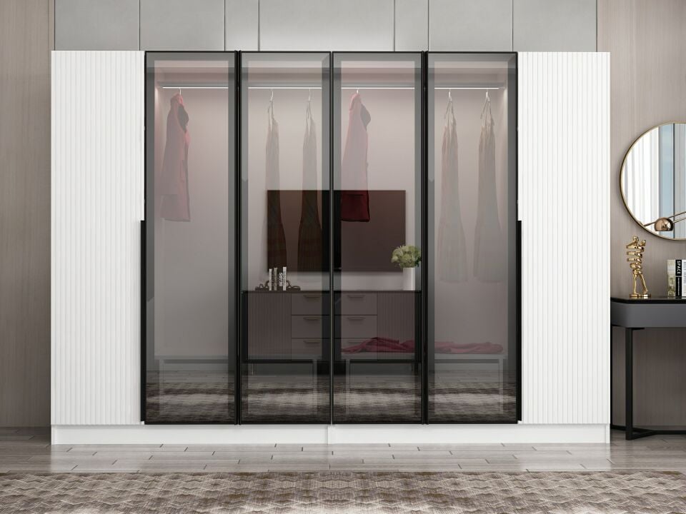 Nisa Plus 6 Kapaklı 4 Çekmece Dolap Beyaz Mebran Reflekte Cam