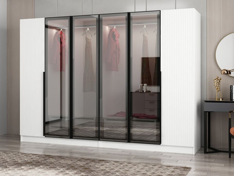 Nisa Plus 6 Kapaklı 4 Çekmece Dolap Beyaz Mebran Reflekte Cam