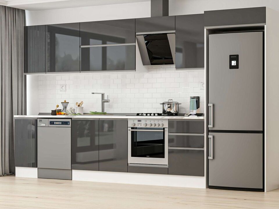 Alvinka 380X222 Cm High Gloss Mutfak Dolabı Mb-E90S40S50-2 High Gloss | Antrasit - Suntalam
