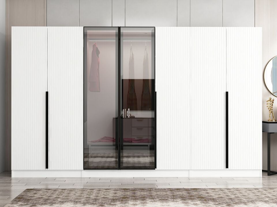 Nisa Plus 7 Kapaklı 2 Çekmece Dolap Beyaz Mebran Reflekte Cam