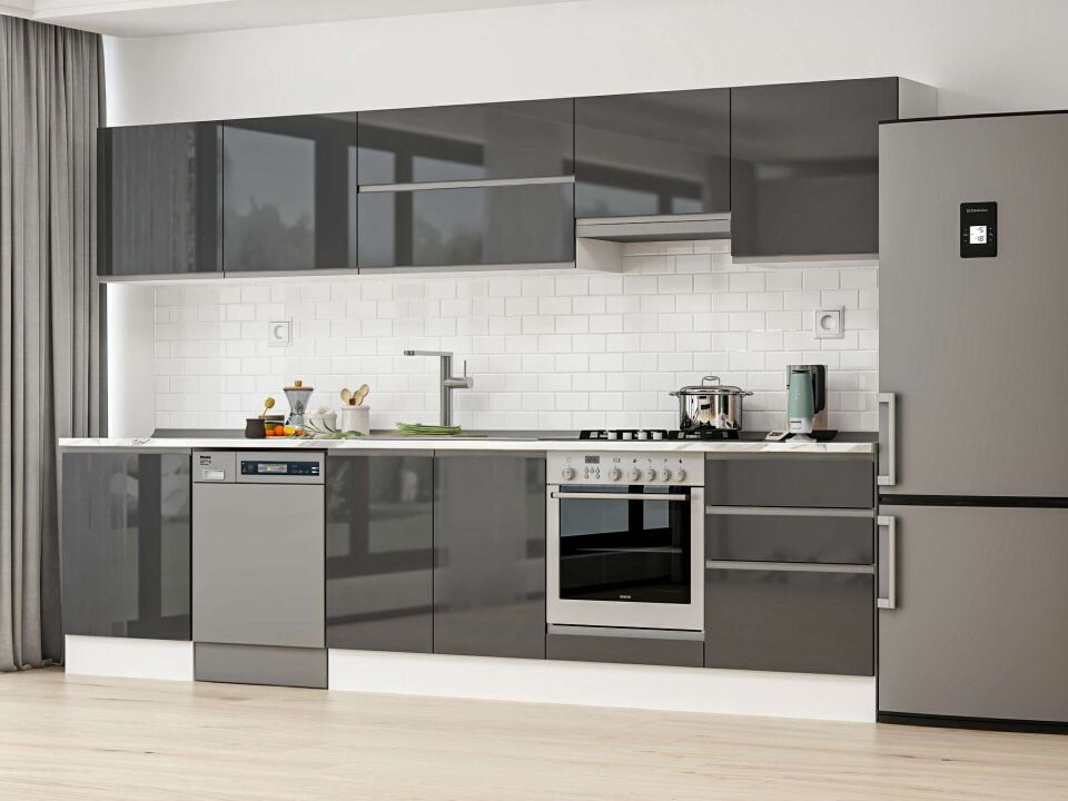 Alvinka 320X210 Cm High Gloss Mutfak Dolabı M-E80S60S60-1 High Gloss | Antrasit - Mdf