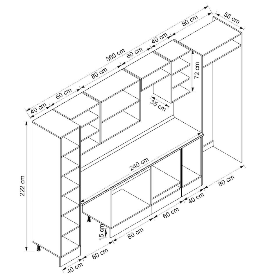 Alvinka 360X222 Cm Klasik Mebran Mutfak Dolabı Beyaz Beyaz Mbb-E80B40S40-2