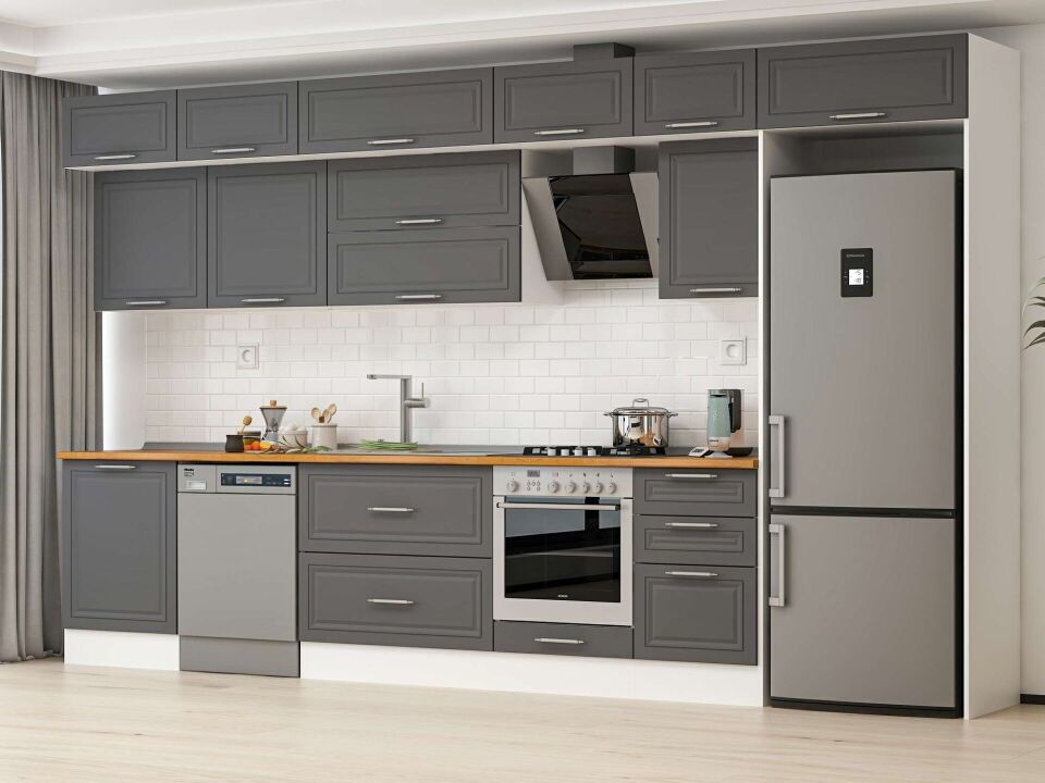 Alvinka 400X240 Cm Klasik Mebran Mutfak Dolabı Mb-E90S60S50-2 Mebran | Antrasit - Suntalam