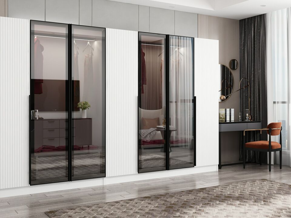 Nisa Plus 7 Kapaklı 4 Çekmece Dolap Beyaz Mebran Reflekte Cam