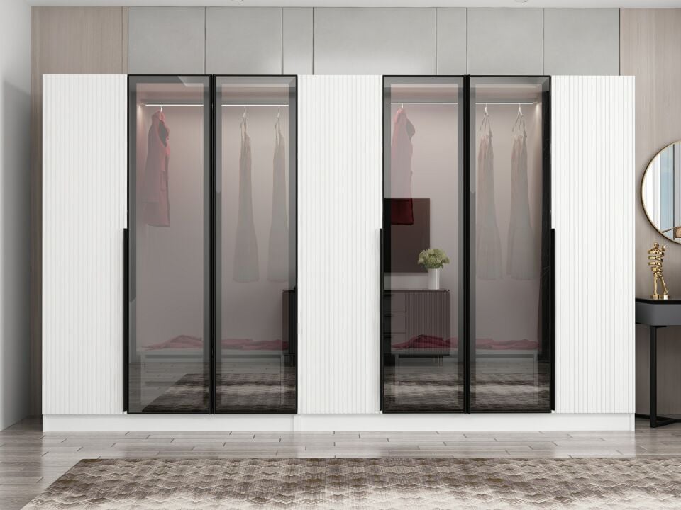 Nisa Plus 7 Kapaklı 4 Çekmece Dolap Beyaz Mebran Reflekte Cam