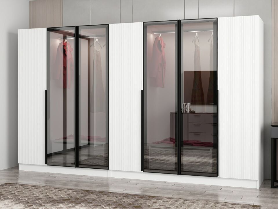 Nisa Plus 7 Kapaklı 4 Çekmece Dolap Beyaz Mebran Reflekte Cam