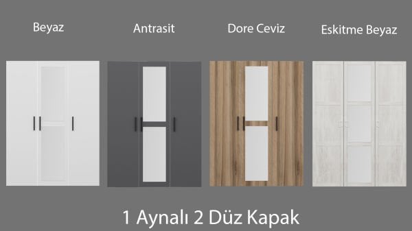 Kale 1 Aynalı + 2 Düz Kapak Eskitme Beyaz - 210CM