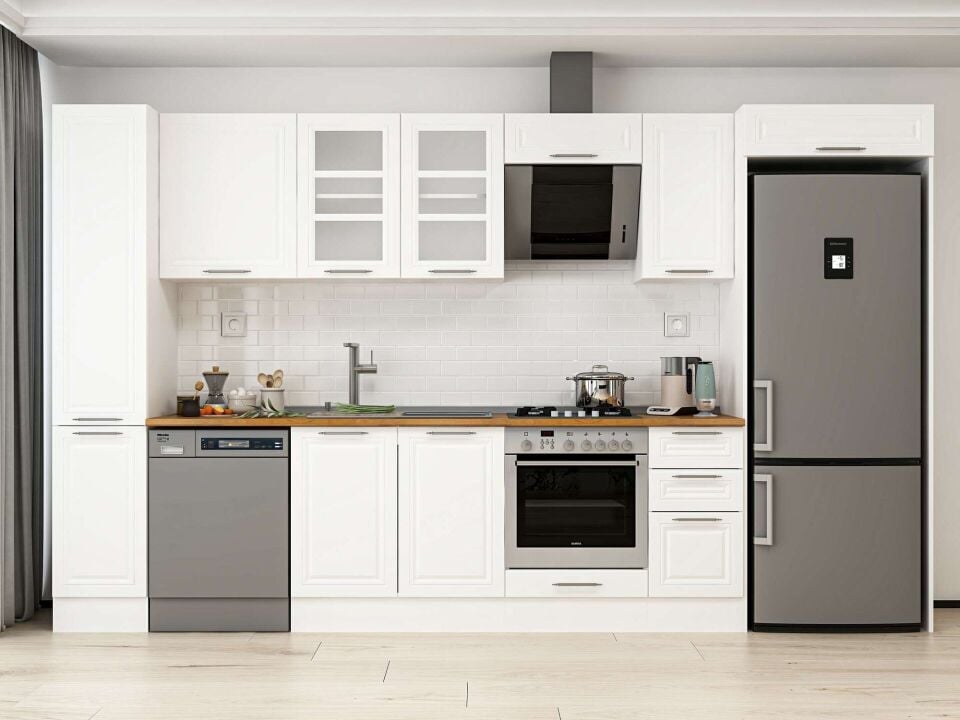 Alvinka 360X222 Cm Klasik Mebran Mutfak Dolabı Beyaz Beyaz Mbb-E80B40S40-3
