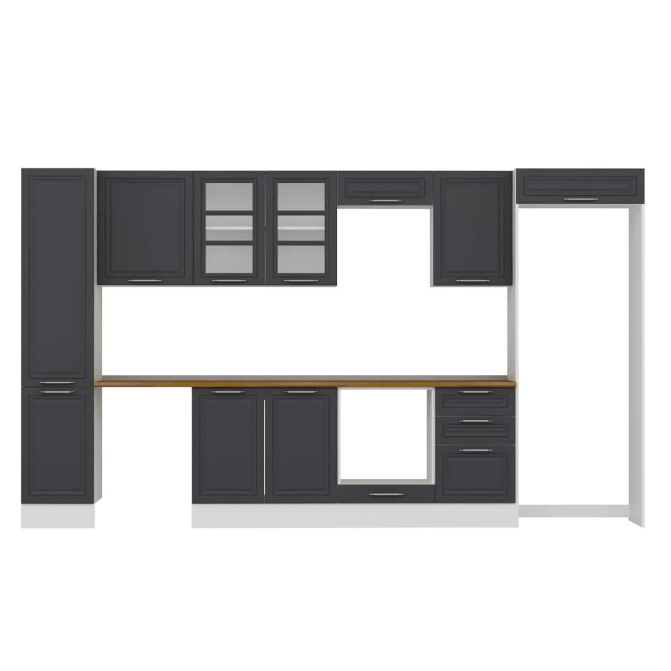 Alvinka 385X222 Cm Klasik Mebran Mutfak Dolabı Mbb-E90B45S50-3 Mebran | Antrasit - Mdf