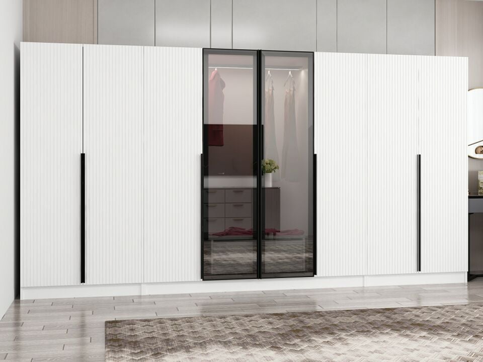 Nisa Plus 8 Kapaklı 2 Çekmece Dolap Beyaz Mebran Reflekte Cam