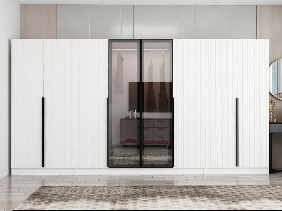 Nisa Plus 8 Kapaklı 2 Çekmece Dolap Beyaz Mebran Reflekte Cam