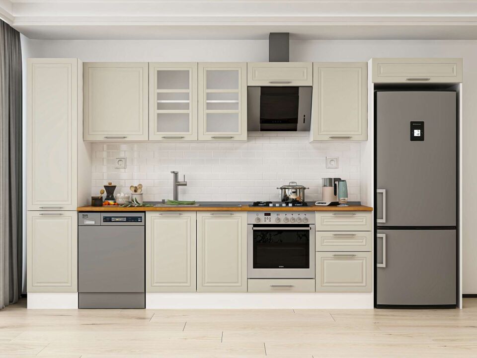 Alvinka 385X222 Cm Klasik Mebran Mutfak Dolabı Mbb-E90B45S50-3 Mebran | Kumtaşı - Mdf