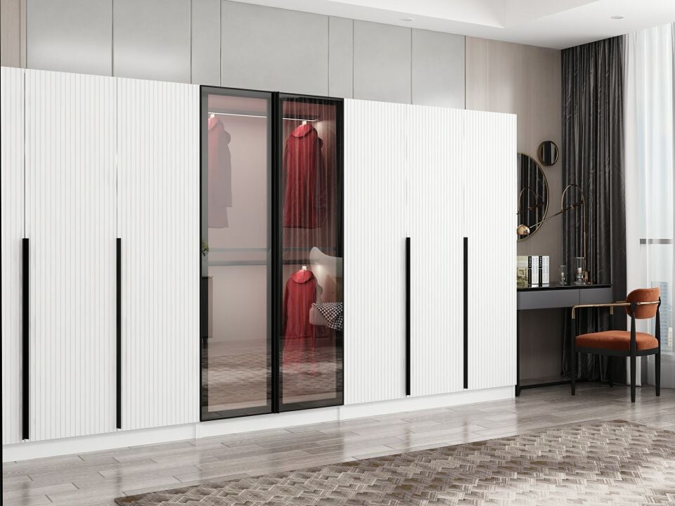 Nisa Plus 8 Kapaklı 4 Çekmece Dolap Beyaz Mebran Reflekte Cam