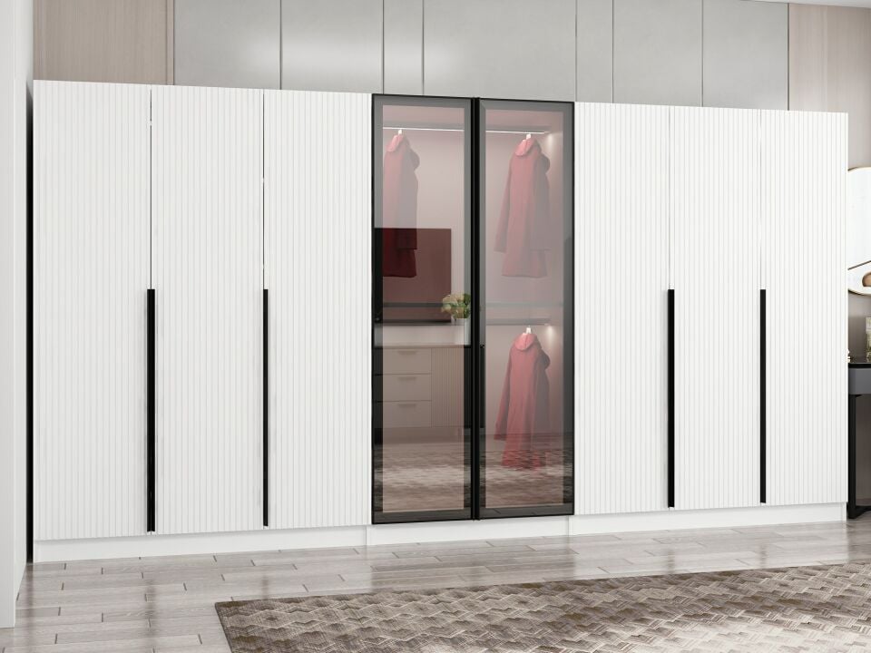 Nisa Plus 8 Kapaklı 4 Çekmece Dolap Beyaz Mebran Reflekte Cam