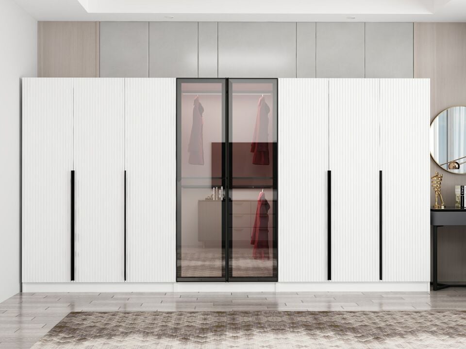 Nisa Plus 8 Kapaklı 4 Çekmece Dolap Beyaz Mebran Reflekte Cam