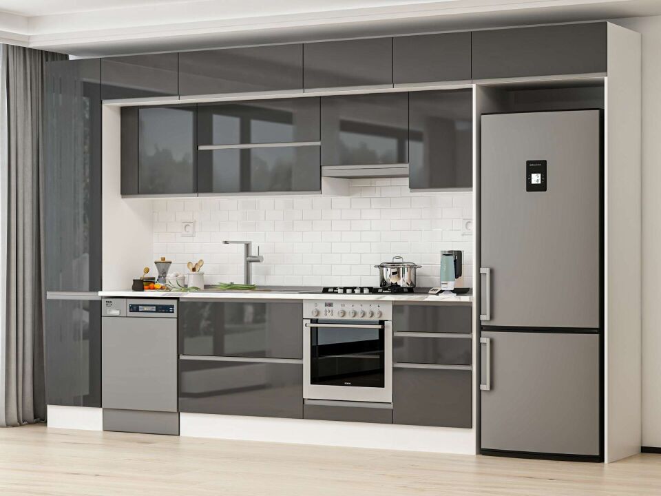 Alvinka 385X240 Cm High Gloss Mutfak Dolabı Mbb-E90B45S50-1 High Gloss | Antrasit - Suntalam