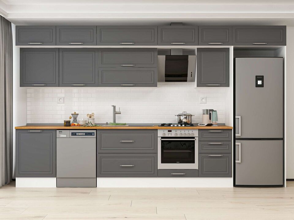 Alvinka 400X240 Cm Klasik Mebran Mutfak Dolabı Mb-E90S60S50-2 Mebran | Antrasit - Mdf