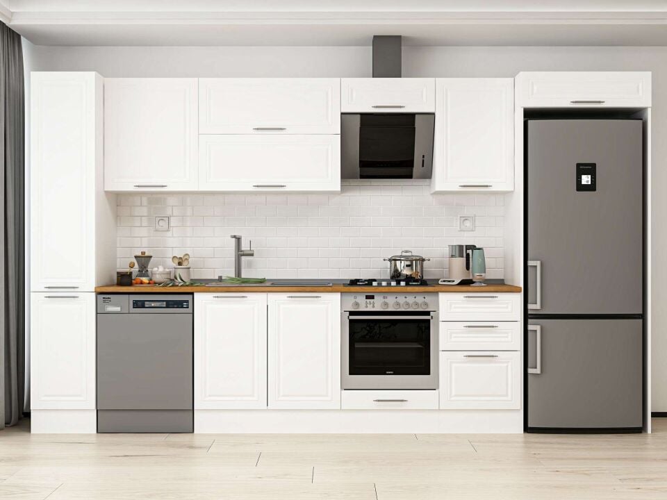 Alvinka 370X222 Cm Klasik Mebran Mutfak Dolabı Beyaz Beyaz Mbb-E80B40S50-2