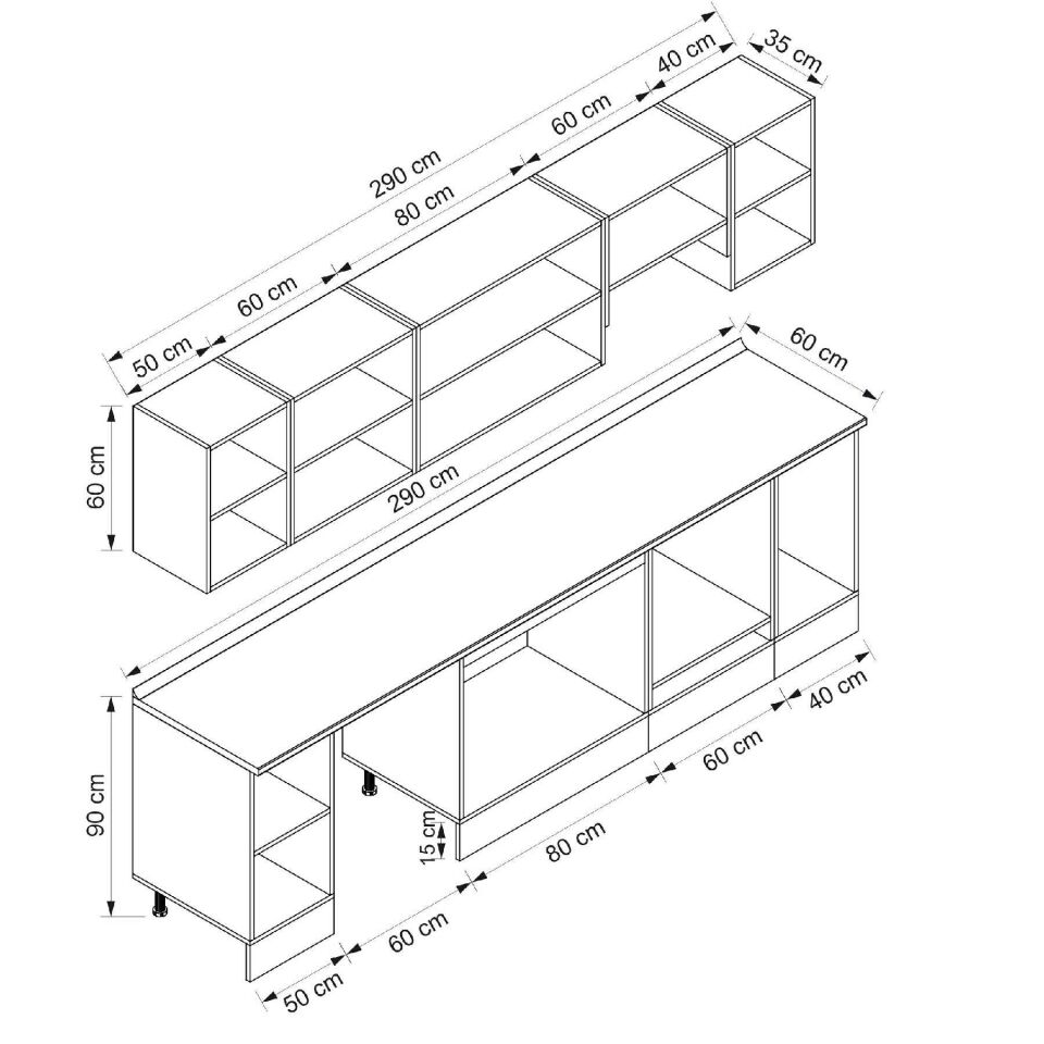 Alvinka 290X210 Cm Klasik Mebran Mutfak Dolabı M-E80S50S40-1 Mebran | Antrasit - Suntalam