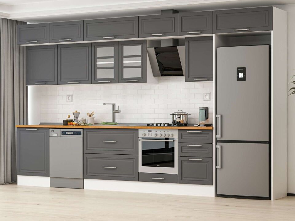 Alvinka 400X240 Cm Klasik Mebran Mutfak Dolabı Mb-E90S60S50-3 Mebran | Antrasit - Suntalam