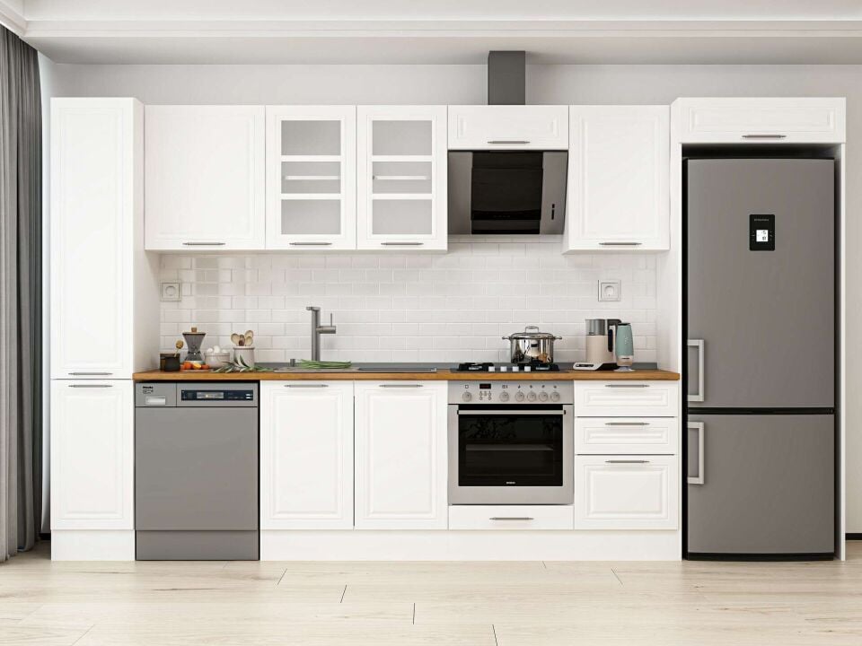 Alvinka 370X222 Cm Klasik Mebran Mutfak Dolabı Beyaz Beyaz Mbb-E80B40S50-3