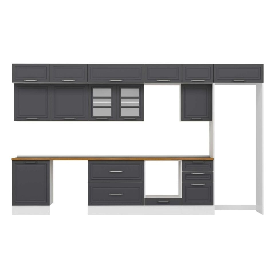 Alvinka 400X240 Cm Klasik Mebran Mutfak Dolabı Mb-E90S60S50-3 Mebran | Antrasit - Mdf