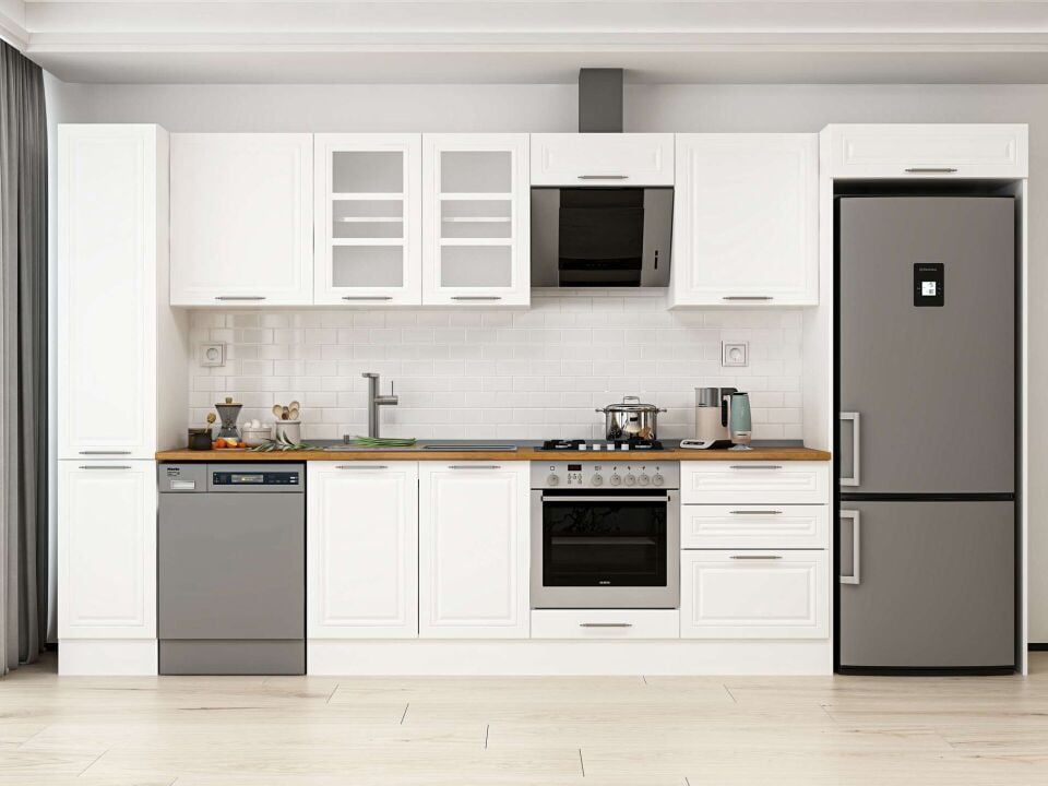 Alvinka 380X222 Cm Klasik Mebran Mutfak Dolabı Beyaz Beyaz Mbb-E80B40S60-3
