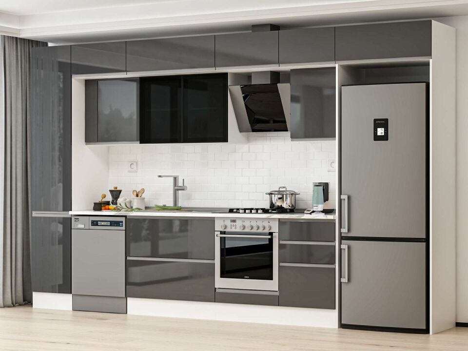 Alvinka 385X240 Cm High Gloss Mutfak Dolabı Mbb-E90B45S50-3 High Gloss | Antrasit - Suntalam