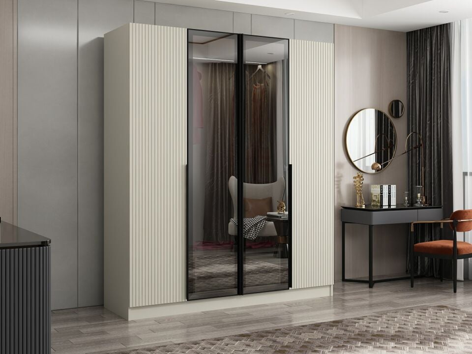 Nisa Plus 4 Kapaklı 2 Çekmece Dolap Kumtaşı Mebran Reflekte Cam