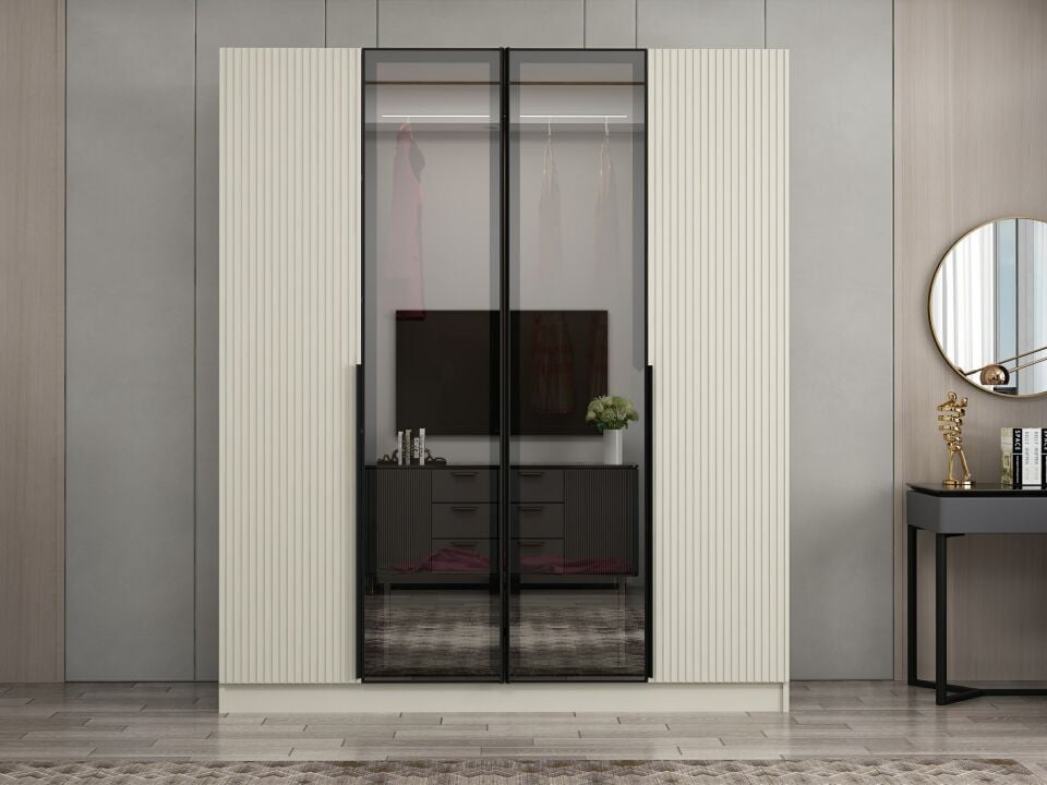 Nisa Plus 4 Kapaklı 2 Çekmece Dolap Kumtaşı Mebran Reflekte Cam