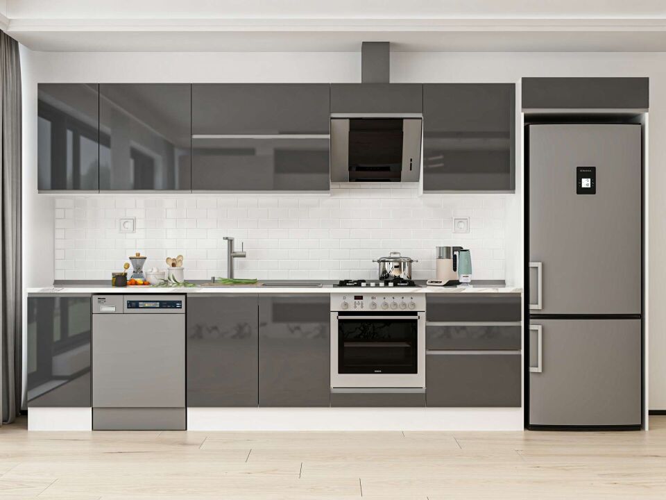 Alvinka 390X222 Cm High Gloss Mutfak Dolabı Mb-E90S40S60-2 High Gloss | Antrasit - Mdf