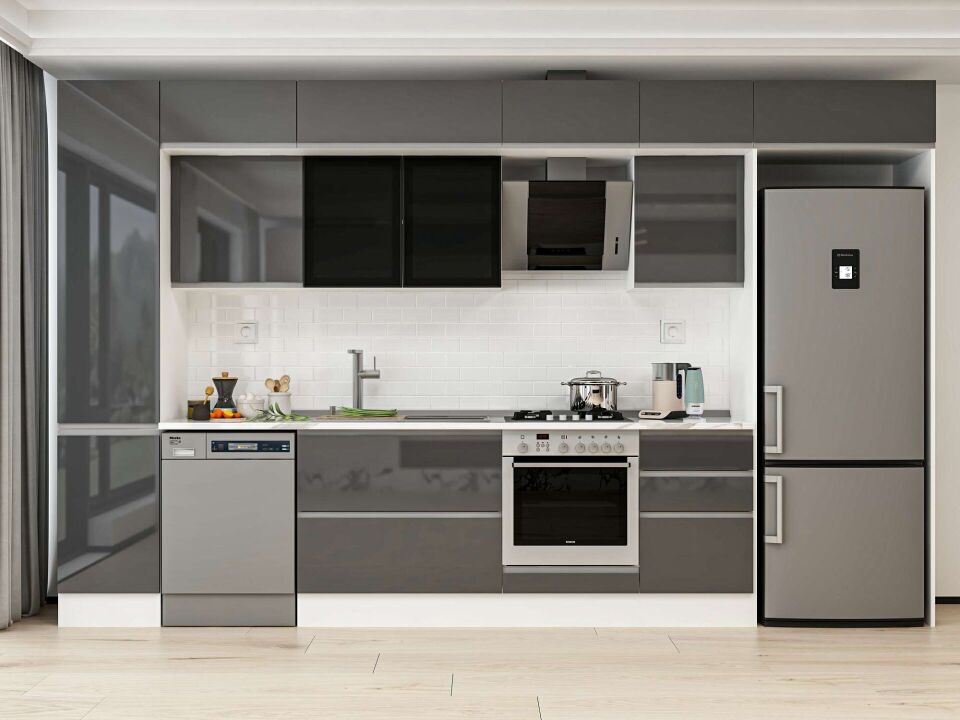 Alvinka 385X240 Cm High Gloss Mutfak Dolabı Mbb-E90B45S50-3 High Gloss | Antrasit - Mdf