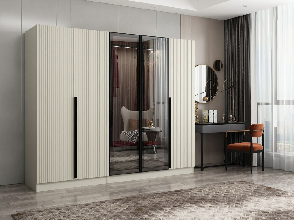 Nisa Plus 5 Kapaklı 2 Çekmece Dolap Kumtaşı Mebran Reflekte Cam