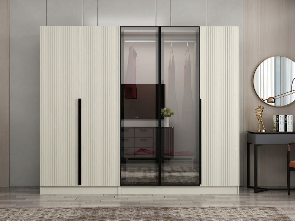 Nisa Plus 5 Kapaklı 2 Çekmece Dolap Kumtaşı Mebran Reflekte Cam